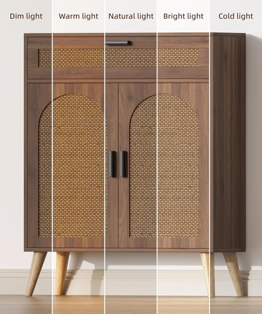 Rattan Storage Cabinet with Drawer and 2 Doors, Walnut | Accent Sideboard Buffet Cabinet with Adjustable Shelf &