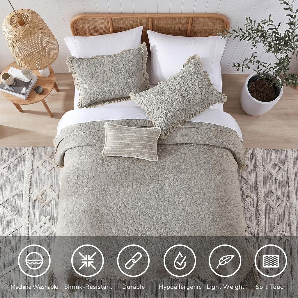 Beige Ruffled Quilt, Stone-Washed Microfiber Lightweight Crinkled Farmhouse Rustic Shabby Chic Bedding Set, 3