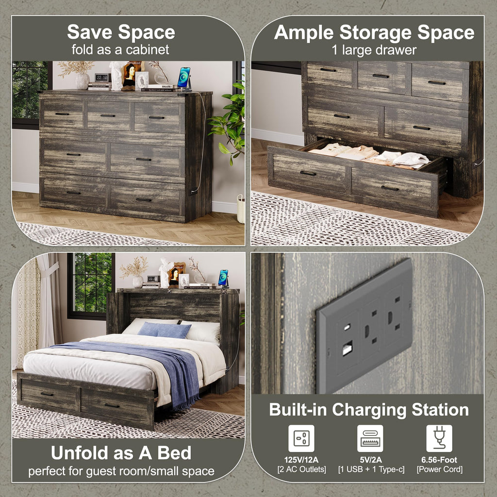 Queen Size Murphy Bed, Cabinet Bed with Charging Station, Multi-Functional Foldable Platform Bed with 1 Large Storage