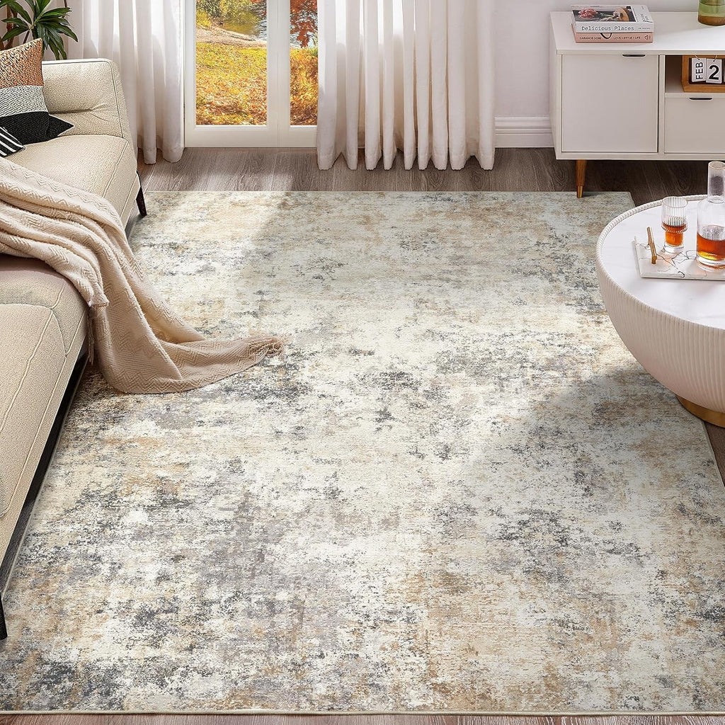 5x8 Area Rug Living Room Rugs - Washable Neutral Modern Abstract Soft Thin Large Rug Indoor Floor No Slip Rug Carpet