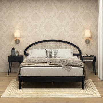 Gem Wooden Bed Frame with Headboard and Natural Rattan, Solid Oak Foundation with Silent Slats, 1000 Lb Capacity