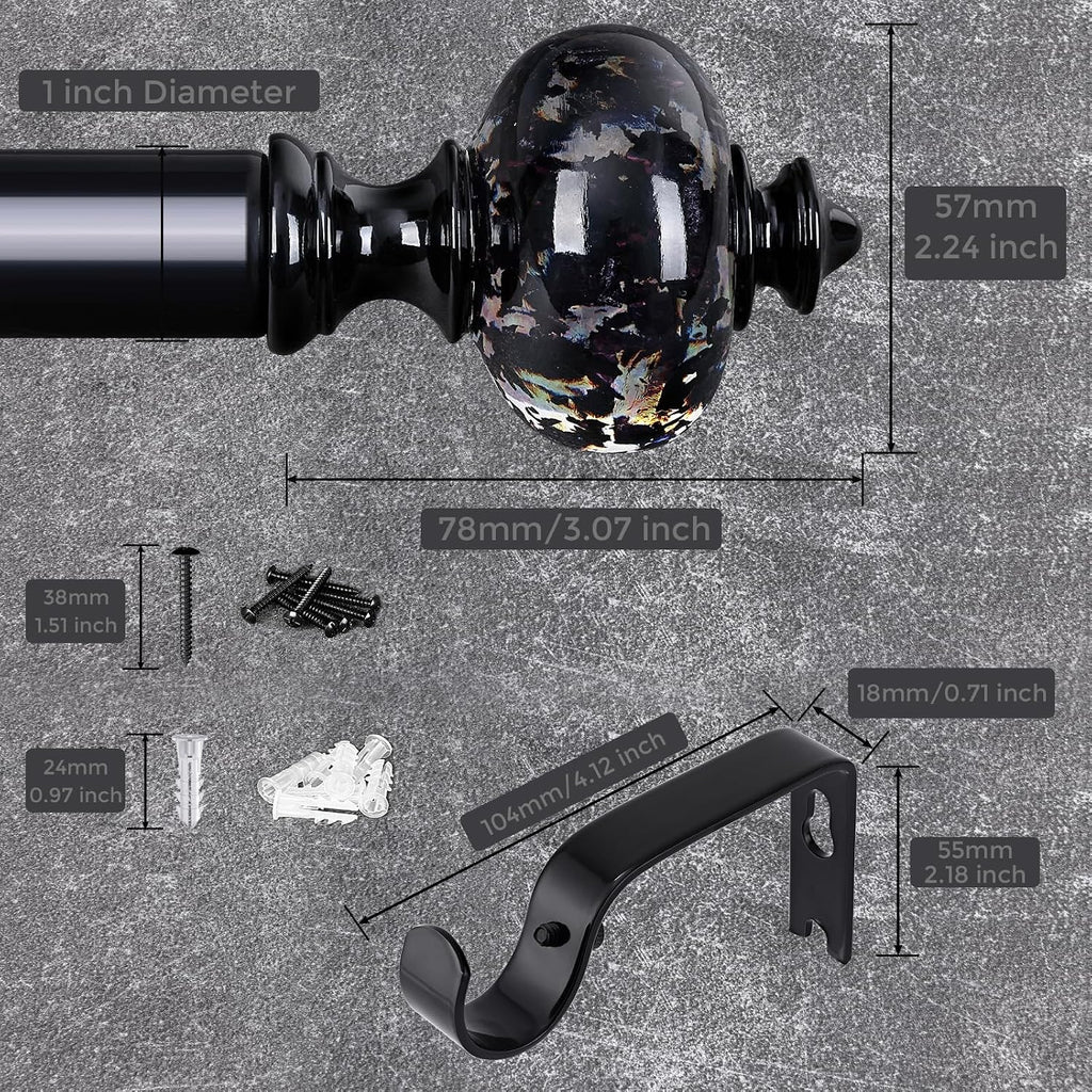 Black Curtain Rod for Windows 28 to 48 Inches, 1'' Heavy Duty Adjustable Modern Drapery Rods with Unique Crystal