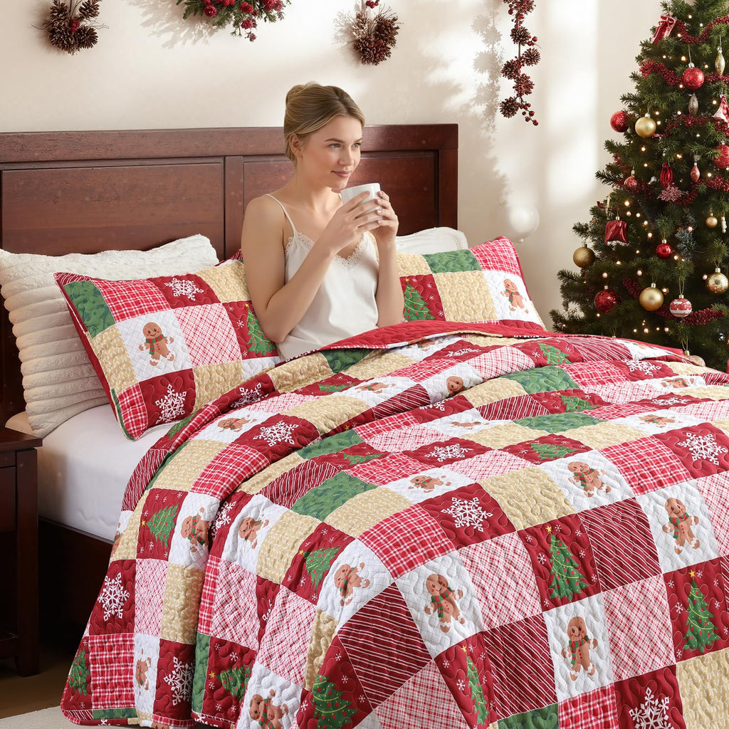 Christmas Quilt Queen Size, Gingerbread Christmas Patchwork Bedding