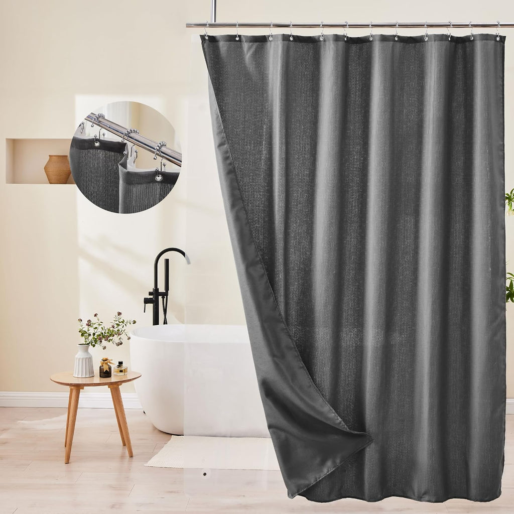 Grey Shower Curtain and Liner, 3 in 1 Shower Curtain Set with 12 Double Sided Shower Curtain Hooks, Cloth Shower