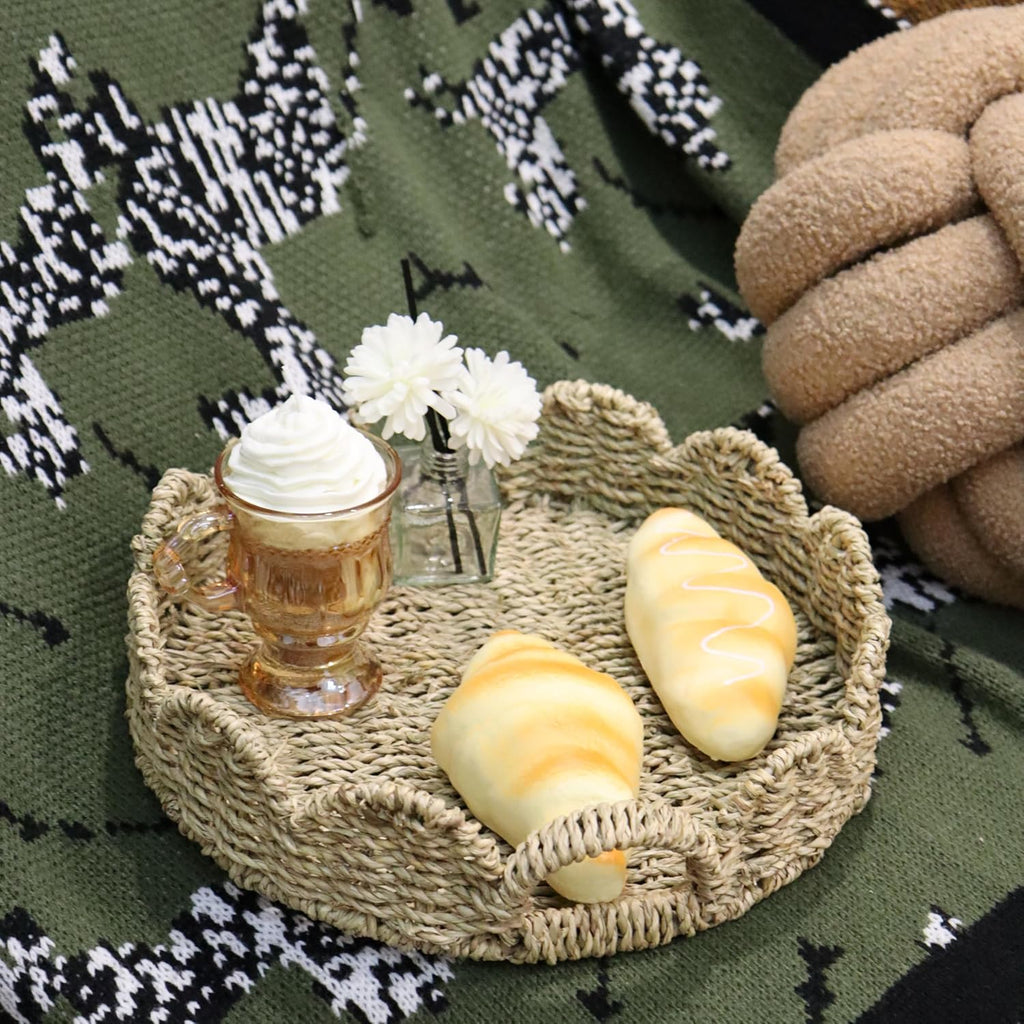 Seagrass Scalloped Tray with Handles,Round Rattan Serving Trays for Coffee Table,Woven Tray for Ottoman Decorative