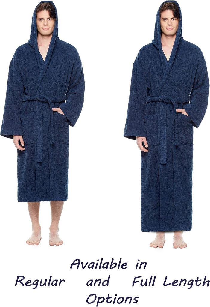 Men's Hooded Classic Bathrobe Turkish Cotton Robe with Full Length Options