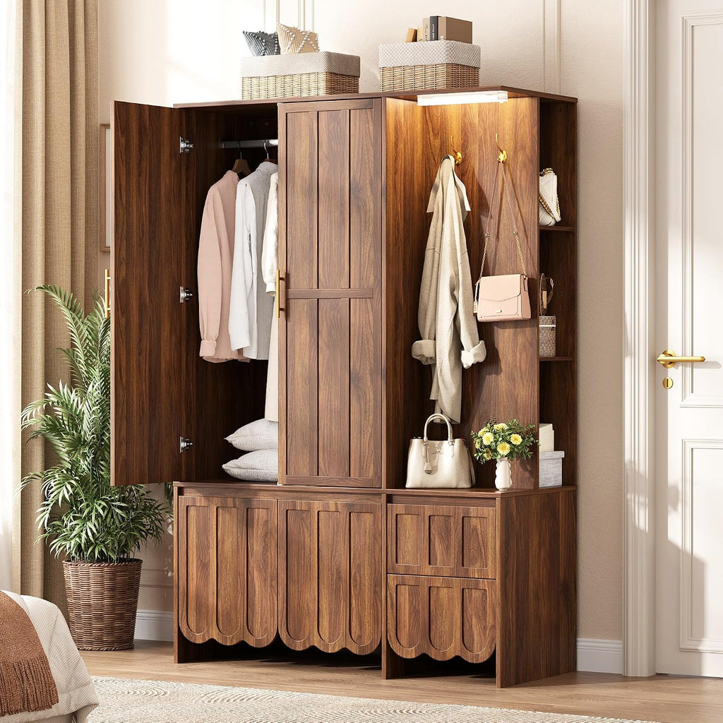 Armoire Wardrobe Closet with 2 Drawers, 3 Open Shelves, Sensor Light, 71" Tall Bedroom Armoire with Hanging Hooks and