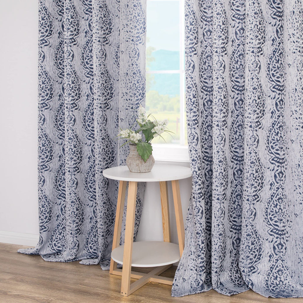 84 Inch Length Navy Blue Pattern Curtains 2 Panel Set Grommet Damask Medallion Print Textured Grey Cream White