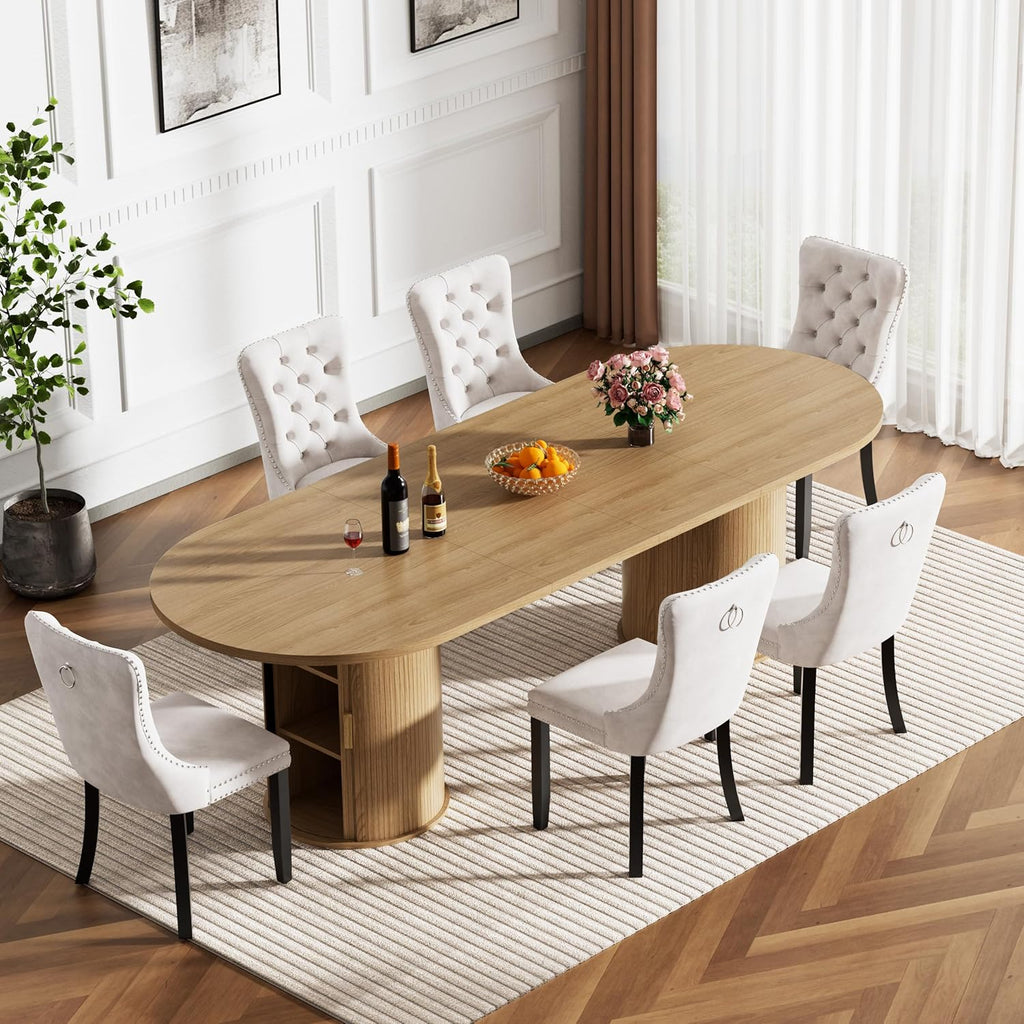 Round Extendable Dining Table, 94" Extendable Dining Room Table for 10, Retro Wooden Kitchen Expanding Table Oval Top