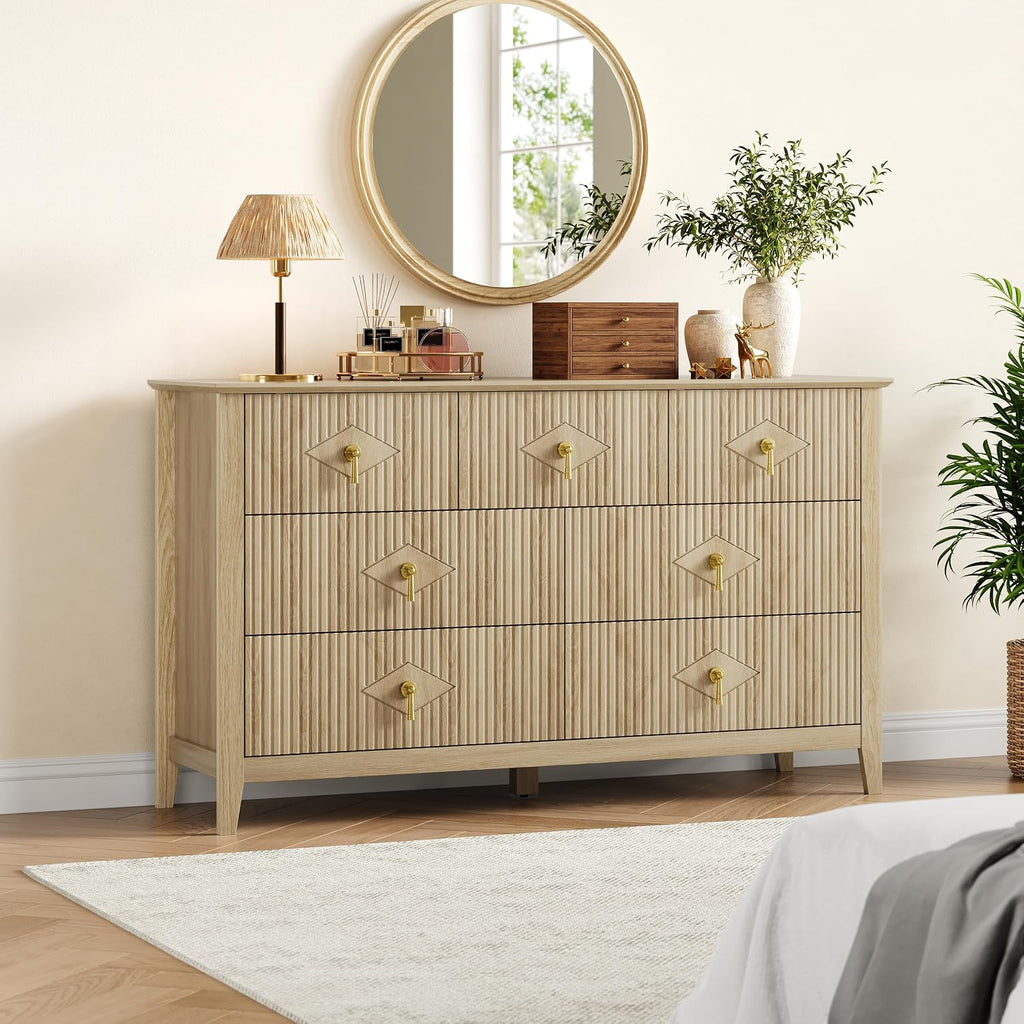 Fluted Dresser , 54 Inch Wide 7-Drawer Wood Dresser, Modern Chest of Drawers, Storage Organizer Cabinet , Natural