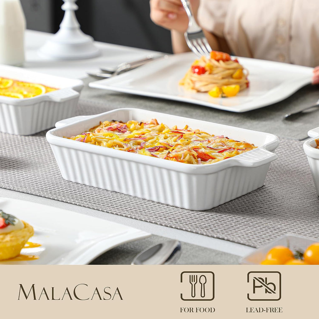 Casserole Dishes for Oven, Ceramic Dishes Set of 4, White | Rectangular Deep Lasagna Pans with Handles for Roasting
