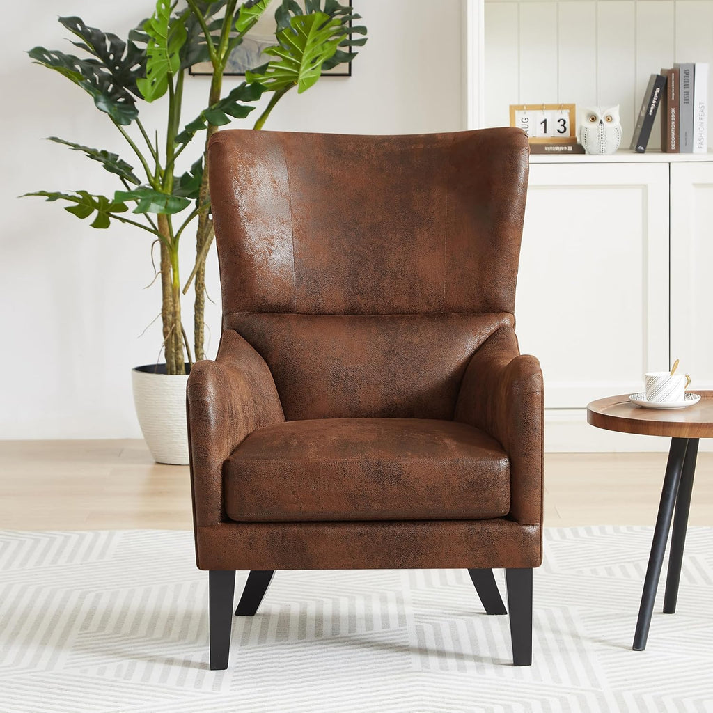 Elber Mid-Century Modern Wingback Accent Chair, Faux Suede Upholstered Club Chair with Cushion, Wooden Living Room
