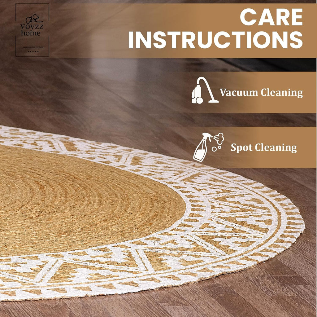 Premium Natural Jute Braided Area Rug, 6-feet Round, White Printed Border, Stain Resistance, Natural