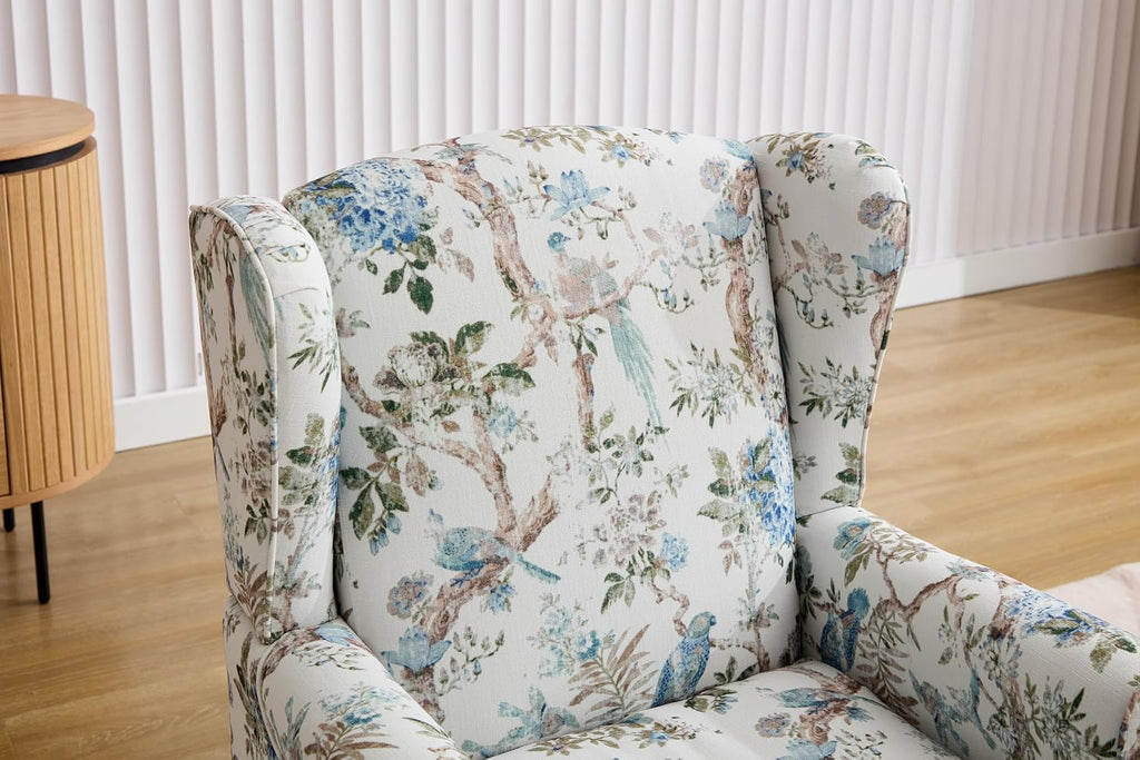 Modern Floral Accent Chair Retro Wood Legs, Linen Wingback Seat Bedroom Office, Bird Floral Single Sofa Chair with
