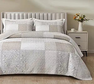 Quinn 2-Piece Neutral Taupe Gray White Floral Hibiscus Flower Candy Stripe Patchwork Quilt Set - Pre-Washed Cotton