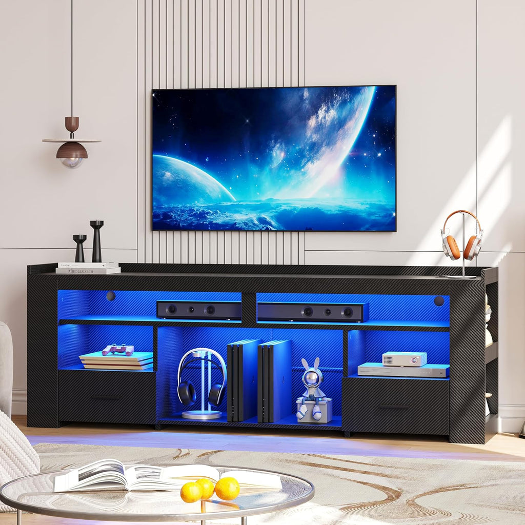 TV Stand for 75 Inch TV, Carbon Fiber Entertainment Center with 2 Drawers, Charging Station & RGB LED Light, Gaming