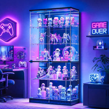 Full Deep Glass Display Cabinet with RGB Lights and Lock, Black