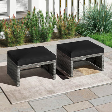 Outdoor Ottoman, Set of 2 Patio Wicker Footstools, All-Weather Rattan Foot Stool w/Cushions, Foot Rest Extra Seating