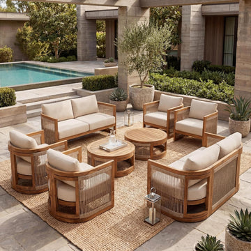 Nesbit 8-Seater Patio Furniture Set with Removable Cushion, 8 Piece Outdoor Acacia Wood Conversation Set, Wooden