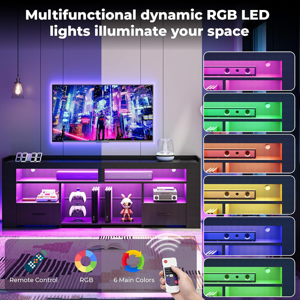TV Stand for 75 Inch TV, Carbon Fiber Entertainment Center with 2 Drawers, Charging Station & RGB LED Light, Gaming