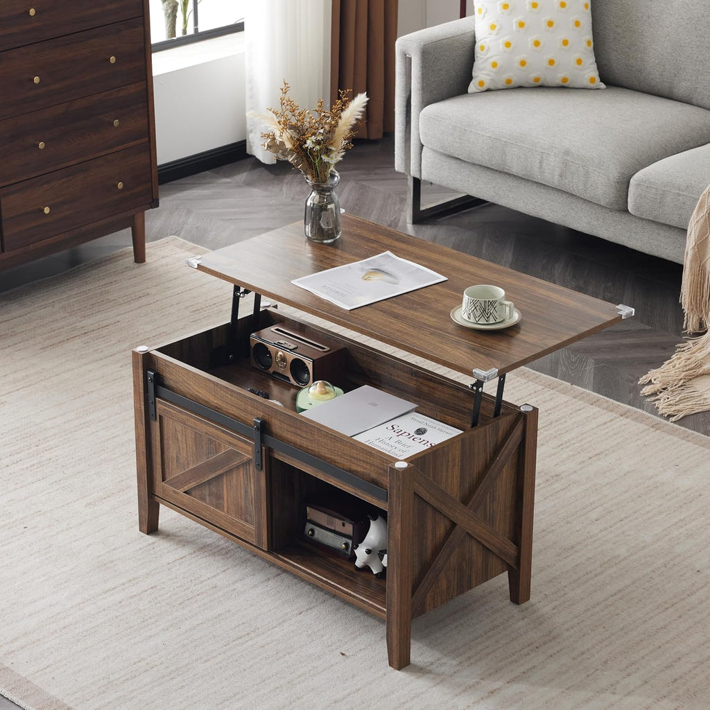 Farmhouse Lift Top Coffee Table, Rustic Grey with Storage Shelf/Hidden Compartment, Mesa De Centro para Sala