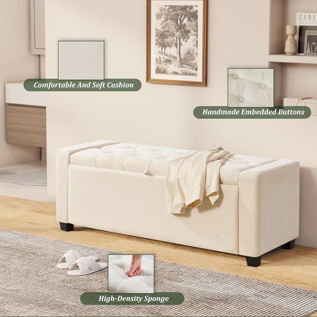 Ottoman with Storage,Tufted Storage Bench with Safety Hinge,Holds up to 350 lb,Upholstered Bench with Seating ,Linen