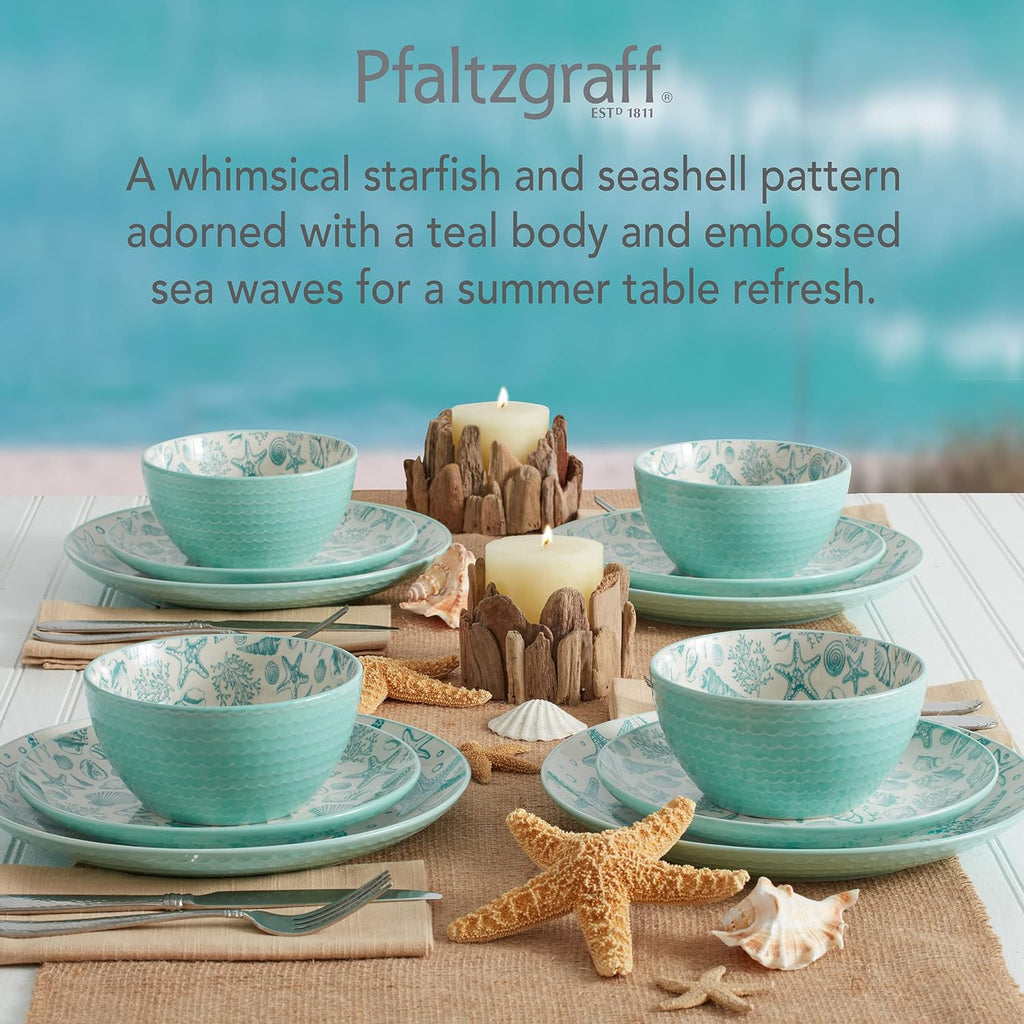 Venice 16-Piece Stoneware Dinnerware Set, Service for 4, Aqua and White Color Combination, Durable and Chip Resistant