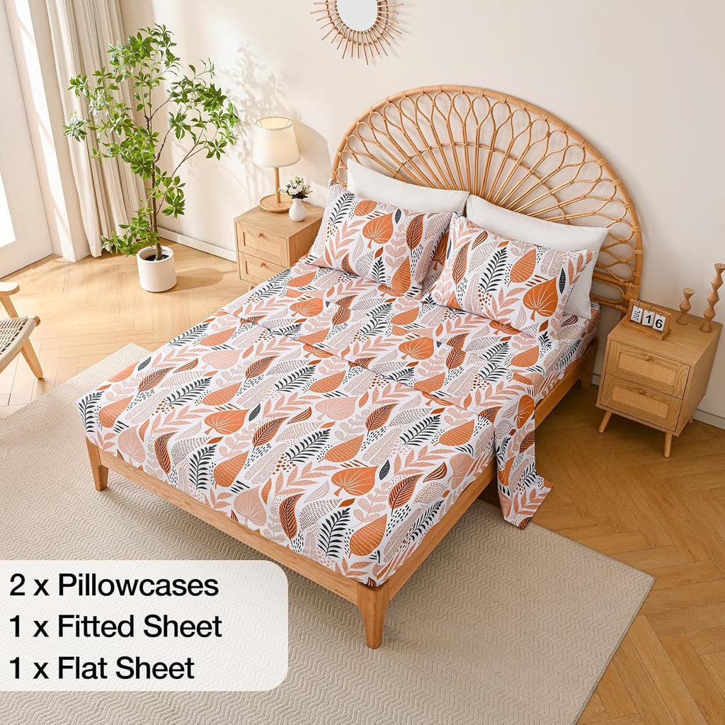Boho Leaves Printed Sheet Set, Botanical Pattern Bed Sheets Microfiber Bedding Sheets & Pillowcases Soft 15"