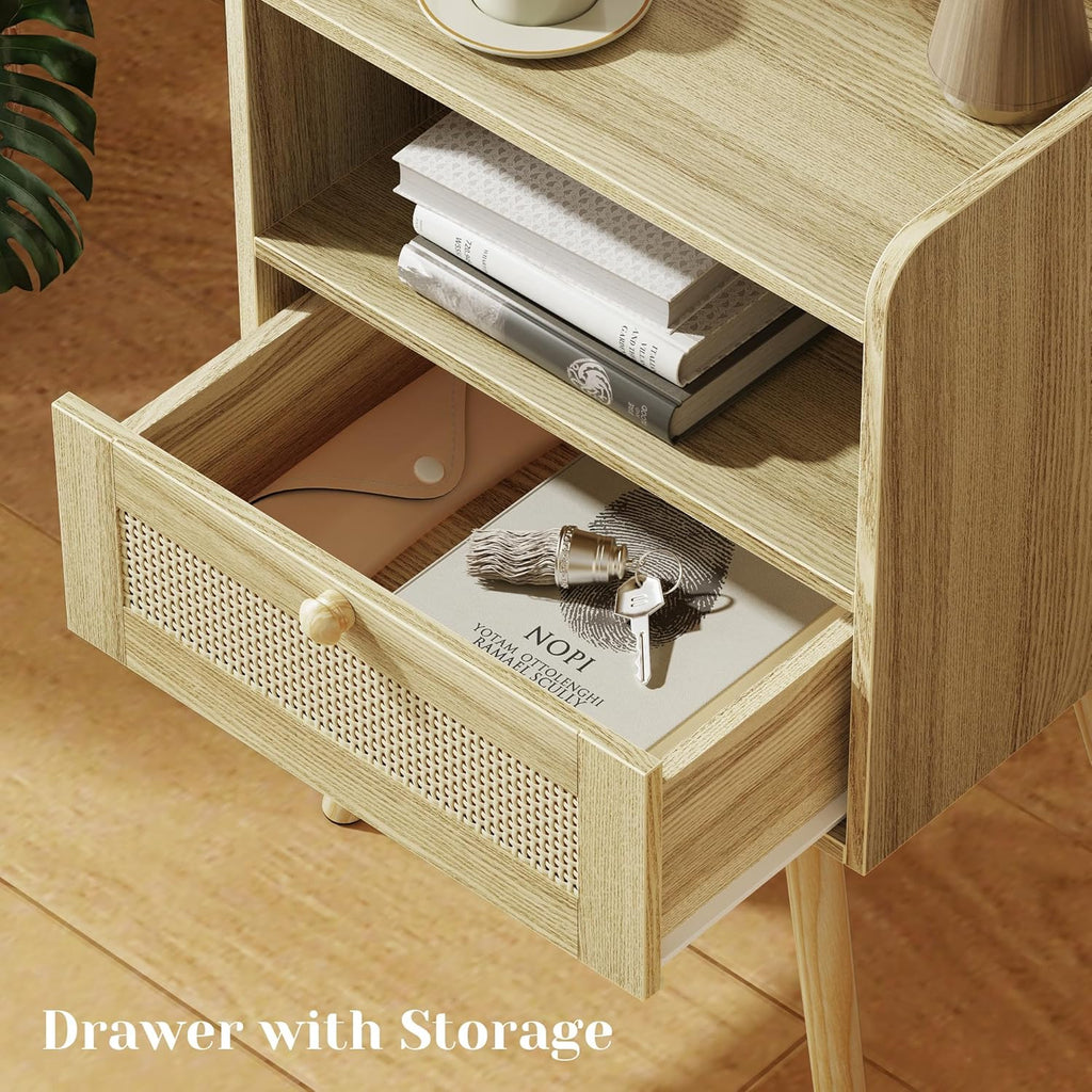 Nightstands Set of 2, Night Stands with Charging Station & PE Rattan Decor Drawer, Bed Side Tables with Solid Wood