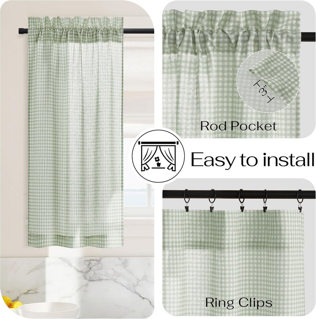 Sheer Linen Curtains, Light Green Plaid Cafe Curtains for Living Room Bedroom, Farmhouse Bathroom