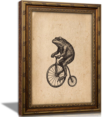Vintage Gold Framed Gothic Wall Art, Funny Frog on Bicycle Canvas Prints, Dark Academia Wall Decor, Victorian