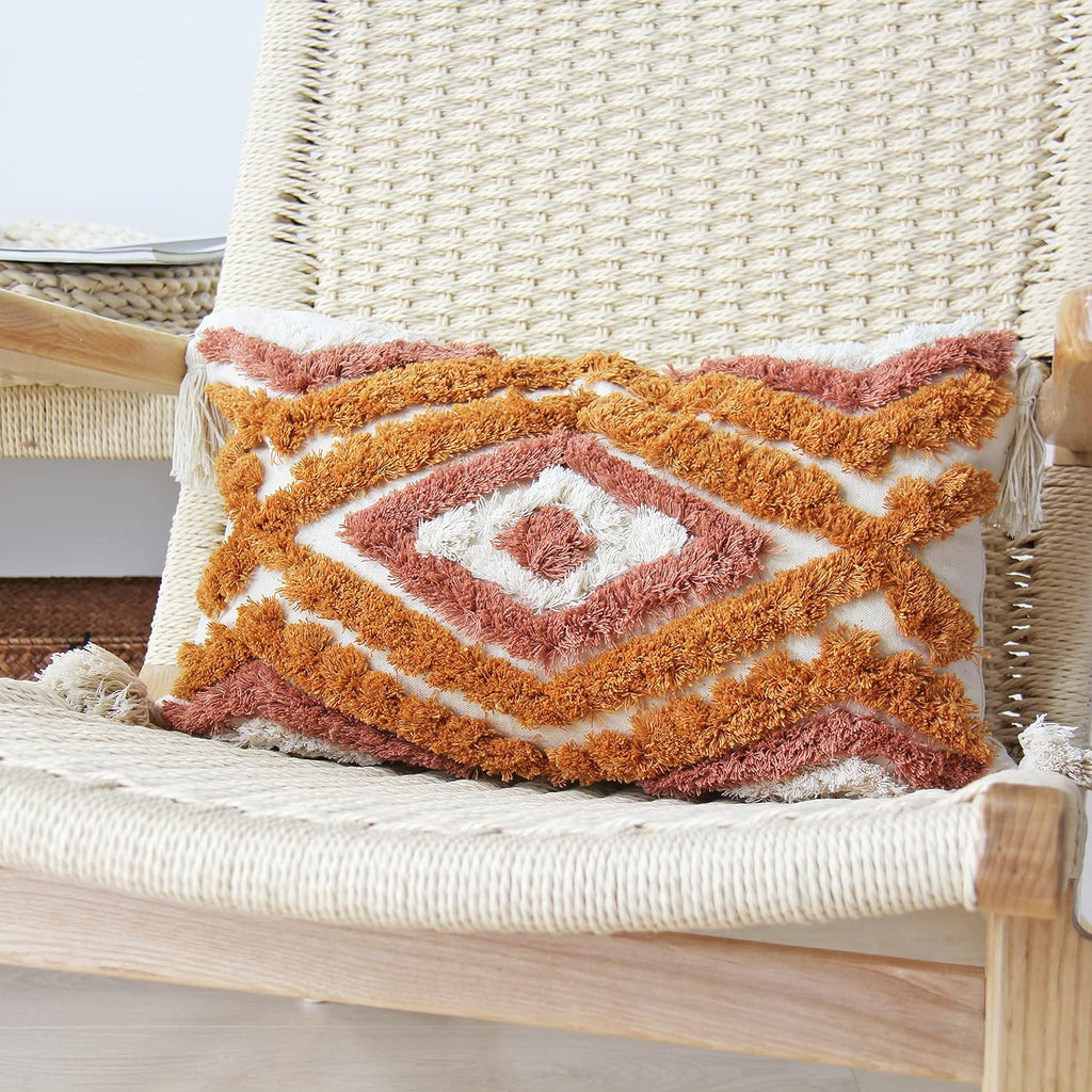 Boho Lumbar Throw Pillow Covers with Handmade Tassels Decorative Woven Tufted Orange Lumbar Pillowcase