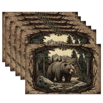 Forest Bear Cloth Placemats,Vintage Wildlife Heat-Resistant Table Placemats Set of 6, Washable Linen Place Mats Table