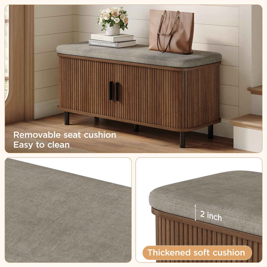 39" Upholstered Shoe Storage Bench, Entryway Bench with Linen Seat Cushion, 2 Tier Hidden Shoe Rack with Adjustable