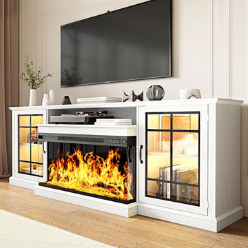 80'' Fireplace TV Stand, Farmhouse Entertainment Center with 3 Sided Glass TV Stand, Modern Media Console Table with Storage Drawers & Cabinets with LED Flame and Lights for Living Room, White