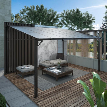 12'X14' Lean to Gazebo, Wall-Attached Hardtop Pergola with Anti-UV Polycarbonate Roof
