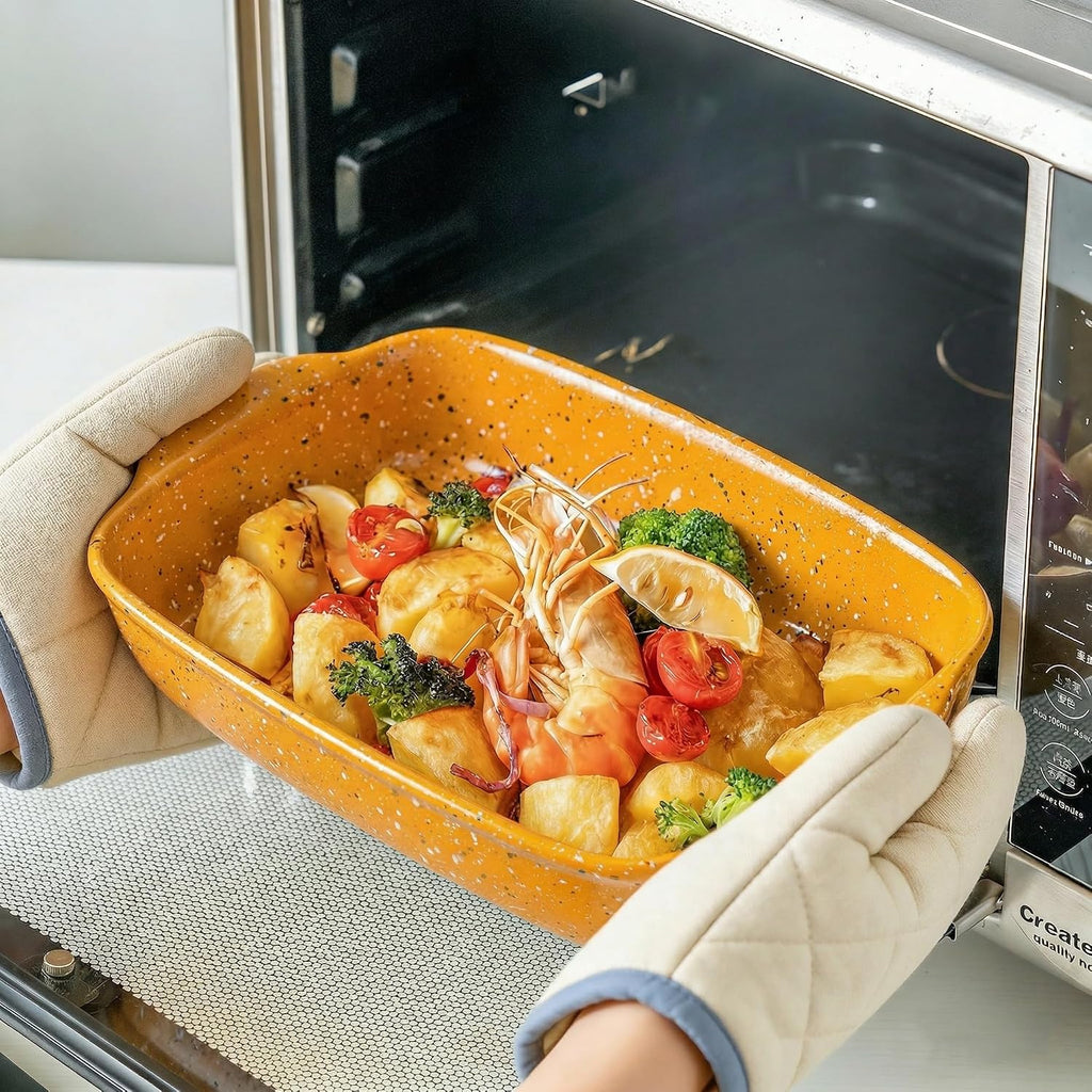 Ceramic Dish Set of 3 (13.8''/12''/9.6''Orange) | Oven-Safe Stackable Deep Rectangular Lasagna Pan with Handles, Up