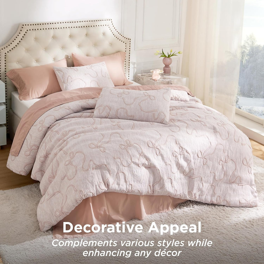 Pink King Comforter Set, GentleSoftTM 3 Pieces Breathable Bow Comforter Set Women with 2 Pillow Shams, Cute King - Set of 3