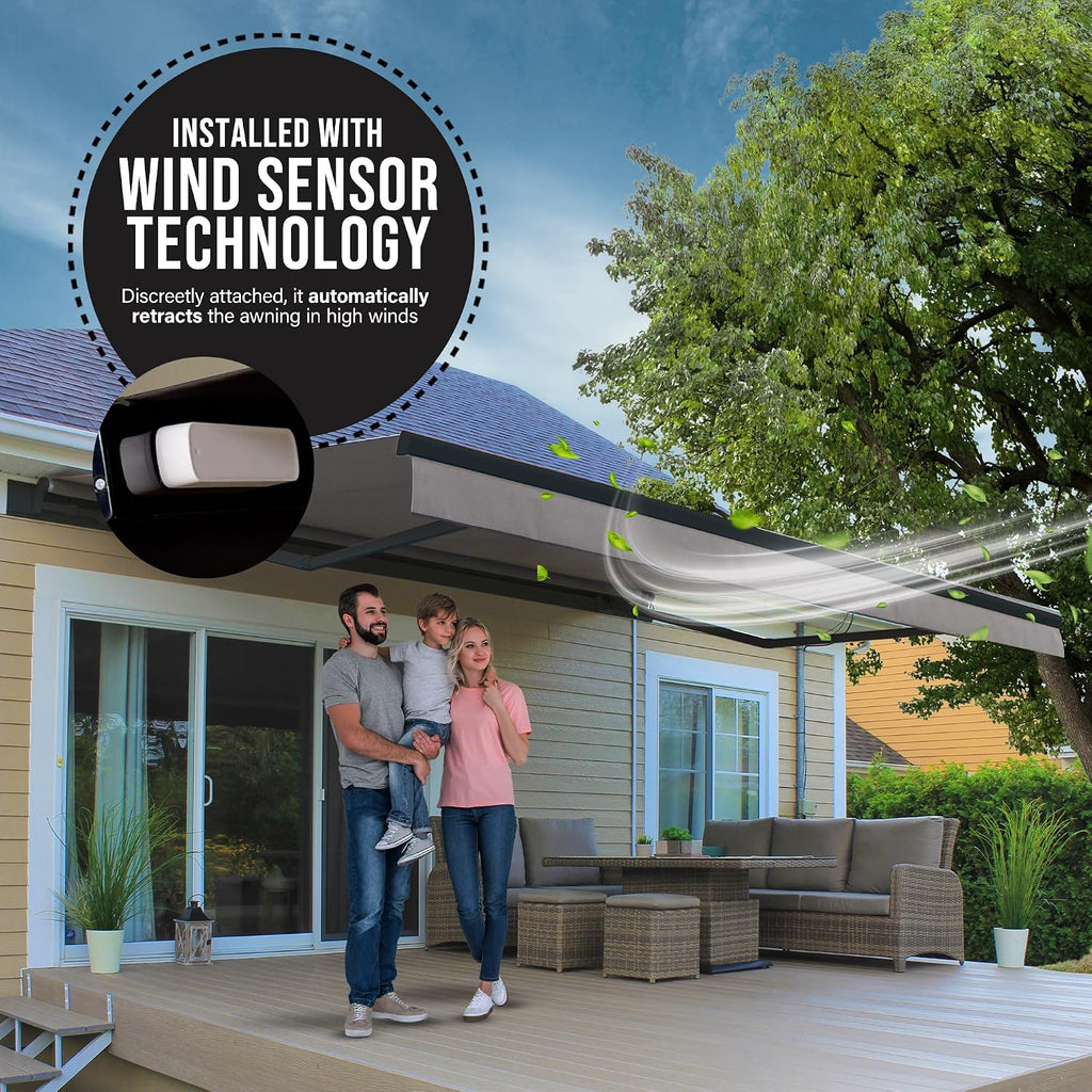 Motorized Awning Outdoor Retractable with Black Structure,15ft Electrical Cord, Remote Control & Wind Sensor, UV