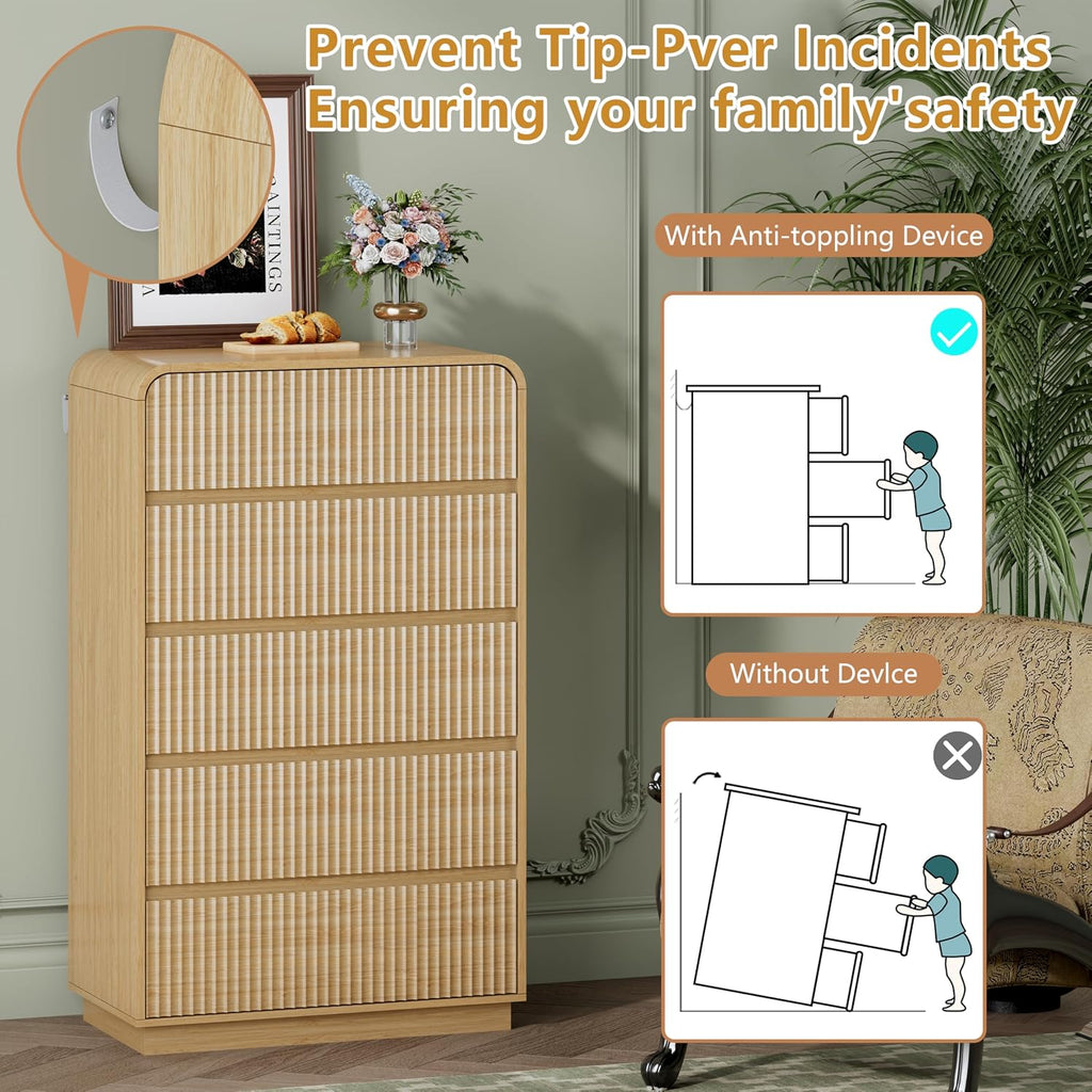 Natural Oak Dresser Fluted Tall 5 Drawer Dresser , Wood Chest of Drawers with Hidden Handles & Rounded Corners