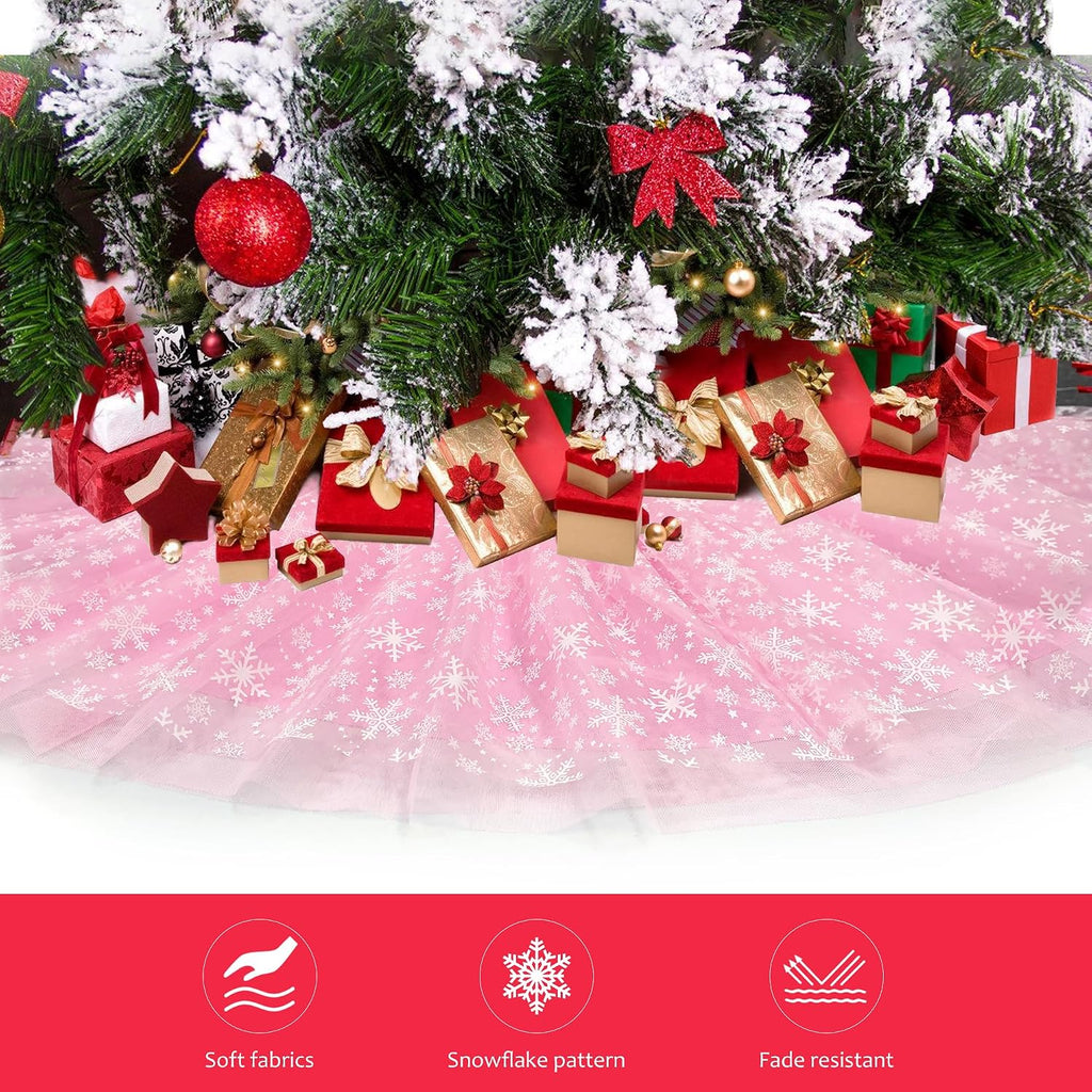 Christmas Wedding Tree Skirt, 4 Layer 47 in Snowflake Tulle Tree Decoration for Party Indoor, Fluffy Tree Cover Mat