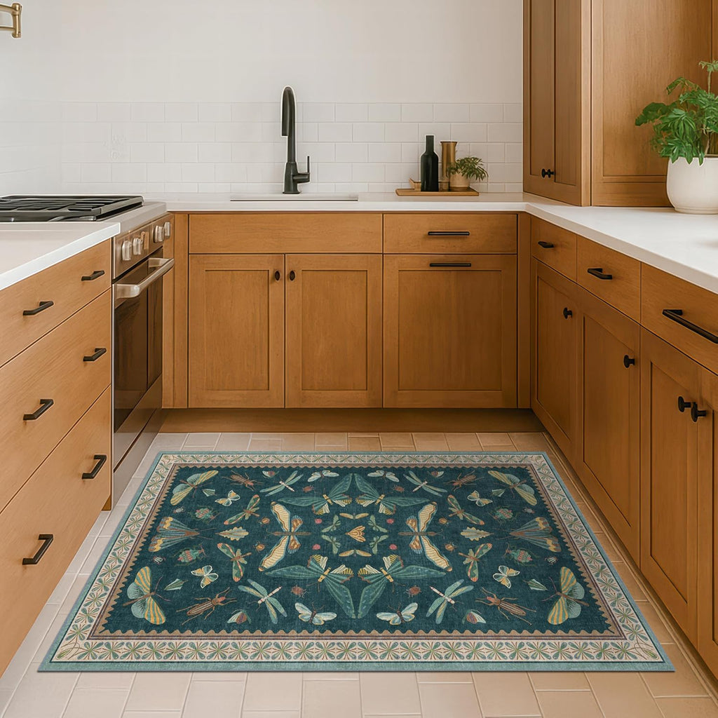 Teal 3x5 Entryway Rug - Door Rug Indoor for Large Kitchen, Living Room, Washable Low Pile Insect Décor
