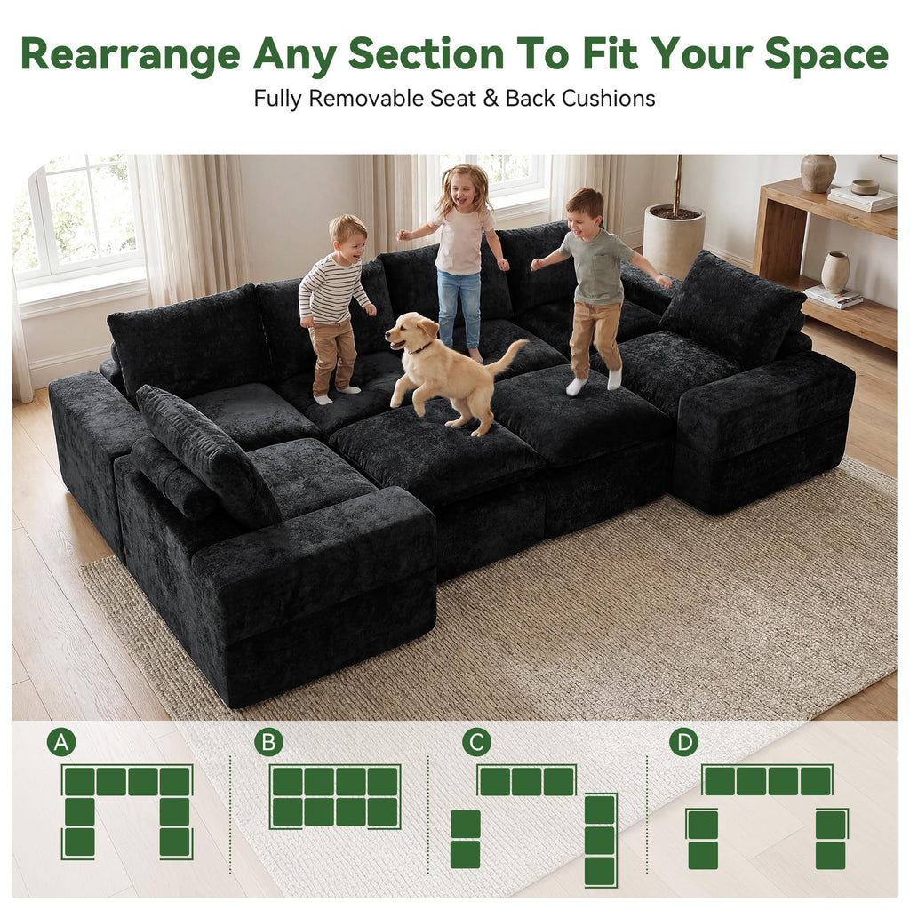 130" U Shaped Modular Sectional Sofa, 8 Seat Cloud Couch, Black