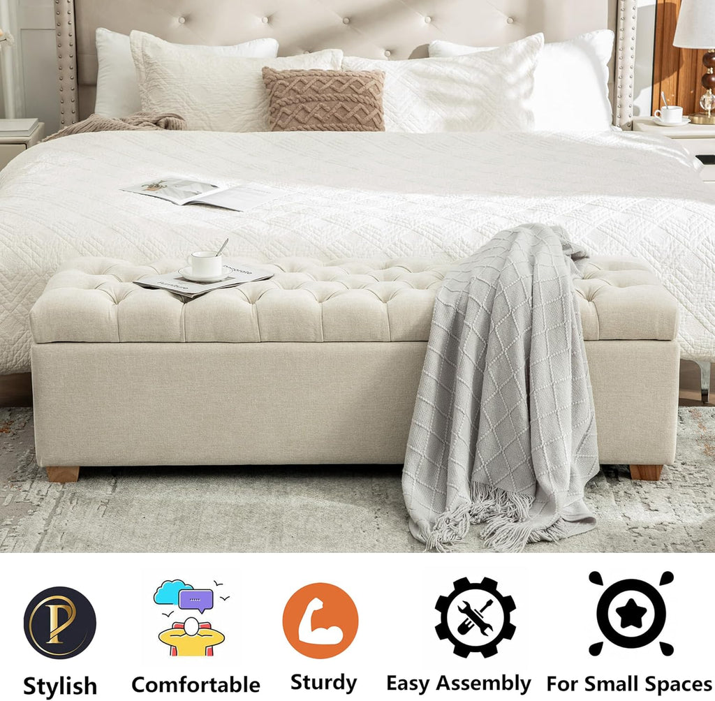 60.2" Storage Ottoman Bench Bed End,Beige Chenille Bench with Seating,Button Tufted Ottomans with Storage