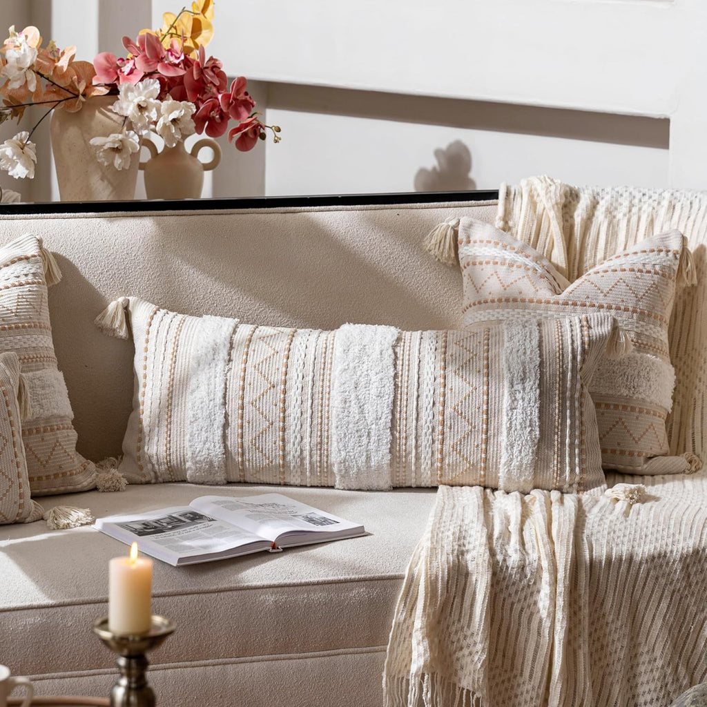14x36 Lumbar Pillow Cover, Rectangular Long Decorative Throw Pillowcase, Boho Accent Cushion with Tufted Pattern and