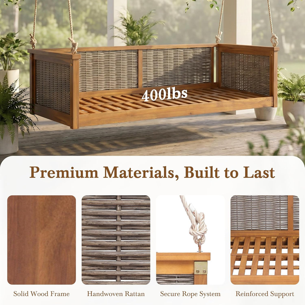 Twin Size Outdoor Porch Swing Bed, Solid Wood Rattan Swing Daybed Frame with Long Ropes , Poolside, Backyard, Teak