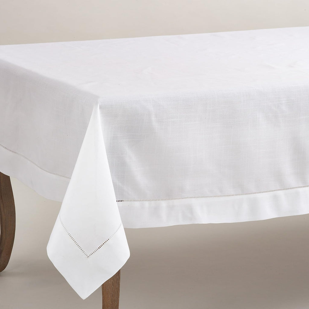 White Polyester Special Occasion Holiday Dining Tablecloth Handmade Hemstitched Border 70" X 160"