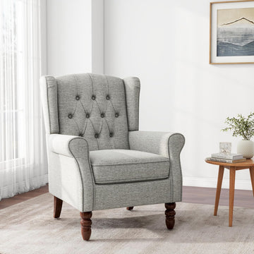 Button Tufted Wingback Accent Chair, Light Grey, Set of 1 | High Back with Side Wings | Armrest Nailhead Trim | Solid