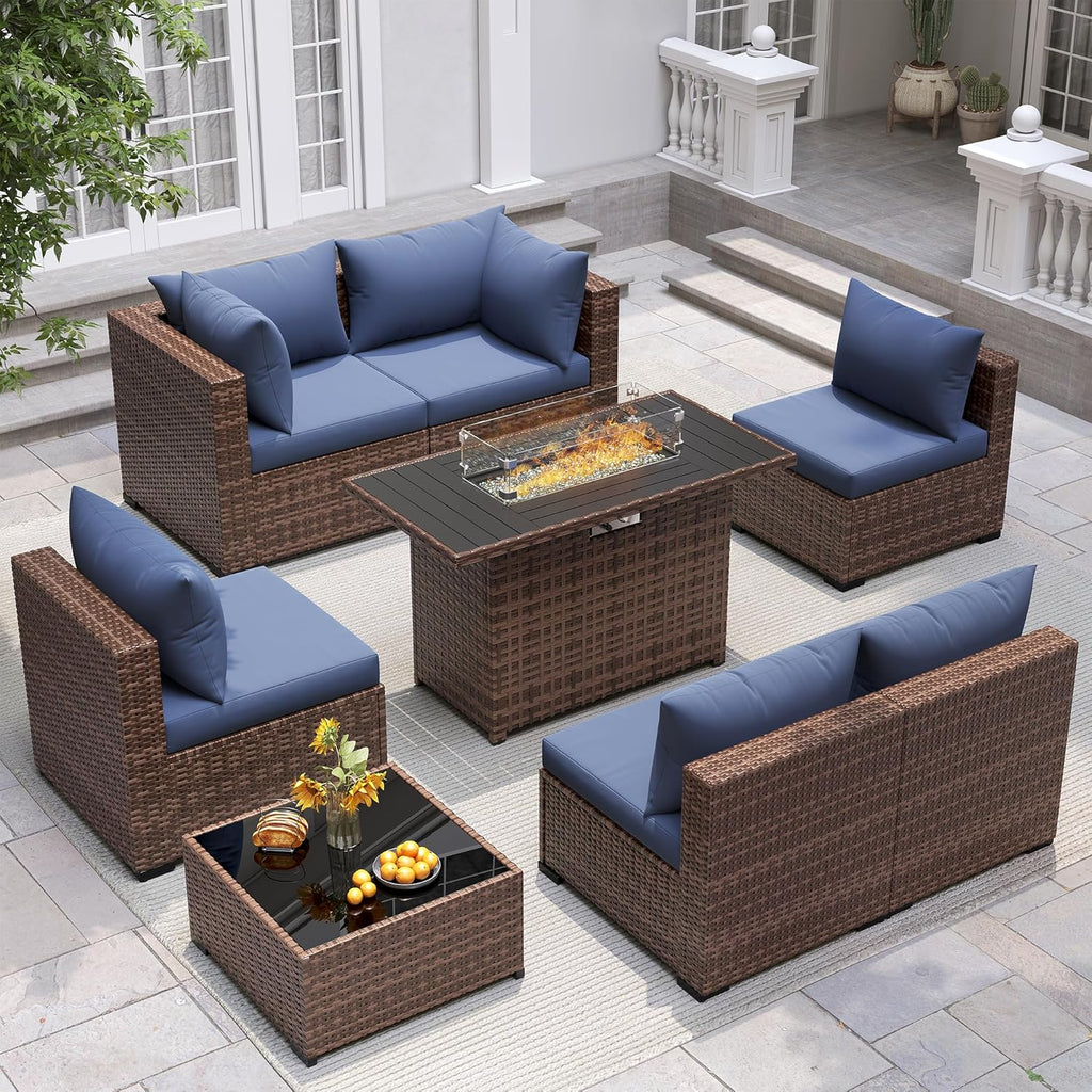 Furniture Set with Fire Pit Table, 8 Piece Sectional Sofas, All-Weather Wicker Conversation for Garden
