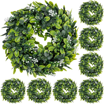 Artificial Boxwood Wreaths Green Leaves Greenery Candle Ring Faux Hanging Planters Front Door - Set of 8